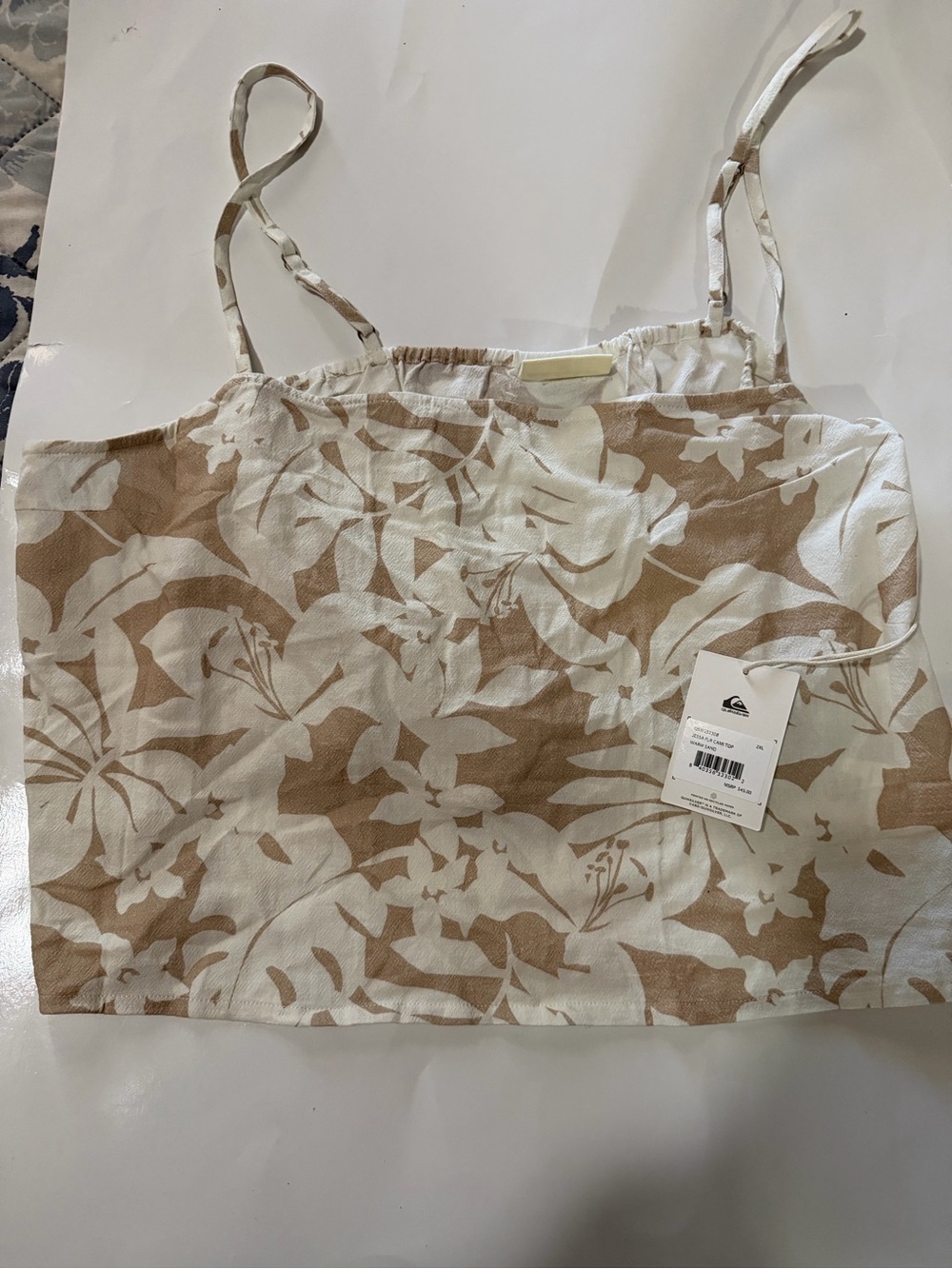 Quiksilver Beige and White Floral Spaghetti Strap Crop Top